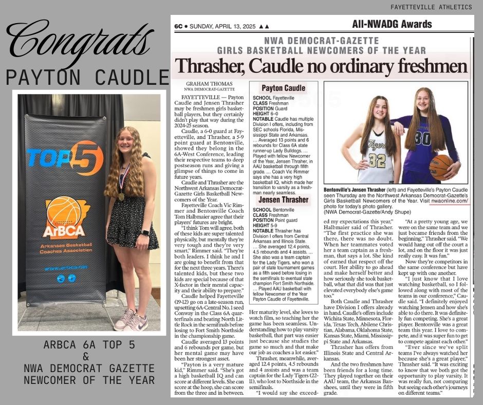 FayBulldogs's tweet photo. 🎉 BIG CONGRATS to Payton Caudle! 🎉
Recognized as NWA Democrat-Gazette’s Newcomer of the Year AND named to ArBCA’s 6A Top 5! 🔥🏀

Your hard work, hustle, and heart are getting the spotlight they deserve.  🙌🐾

#BulldogPride #PaytonCaudle #6ATop5 #FayettevilleStrong #ArBCA https://t.co/DlSUOVkMgh