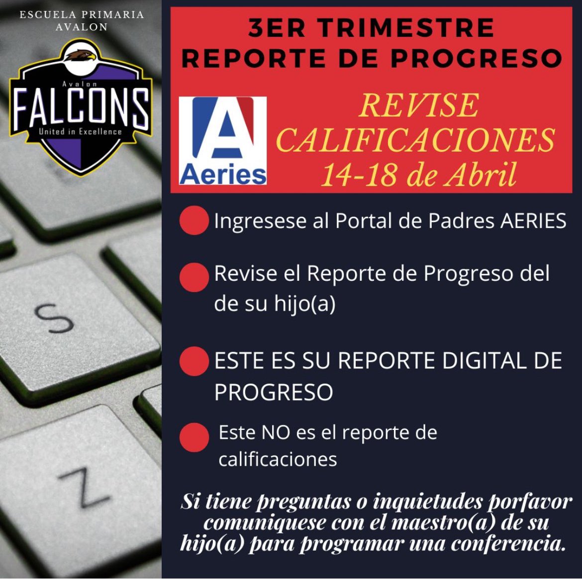 Dear Families,
Please be sure to check TRI. 3 PROGRESS REPORT GRADES. Viewing window is April 14-18. #FalconsUnitedInExcellence