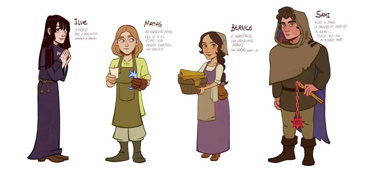 well i'll post this too (it's a new fantasy setting so there's not much lore yet) 
but here are the main four