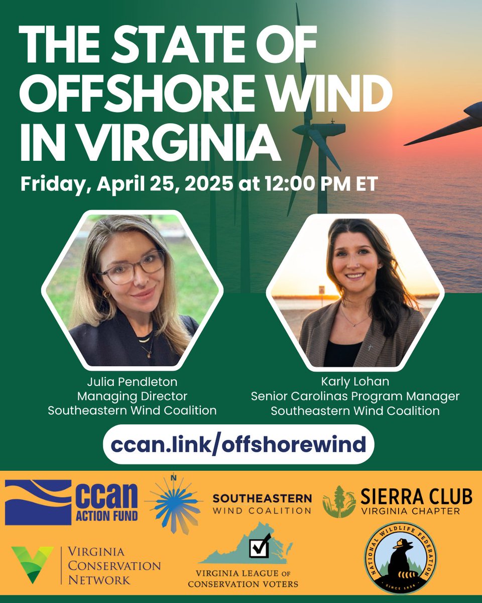 Join us &amp; <a href="/VCNVAorg/">Virginia Conservation Network</a>, <a href="/vasierraclub/">Sierra Club Virginia Chapter</a>, <a href="/VirginiaLCV/">Virginia LCV</a>, <a href="/NWF/">National Wildlife Federation</a> and Southeastern Wind Coalition for a FREE webinar on the State of Offshore Wind in Virginia! Get updates on the Coastal VA Offshore Wind project. RSVP Here: ccan.link/offshorewind

#OffshoreWind #CleanEnergy #ClimateAction
