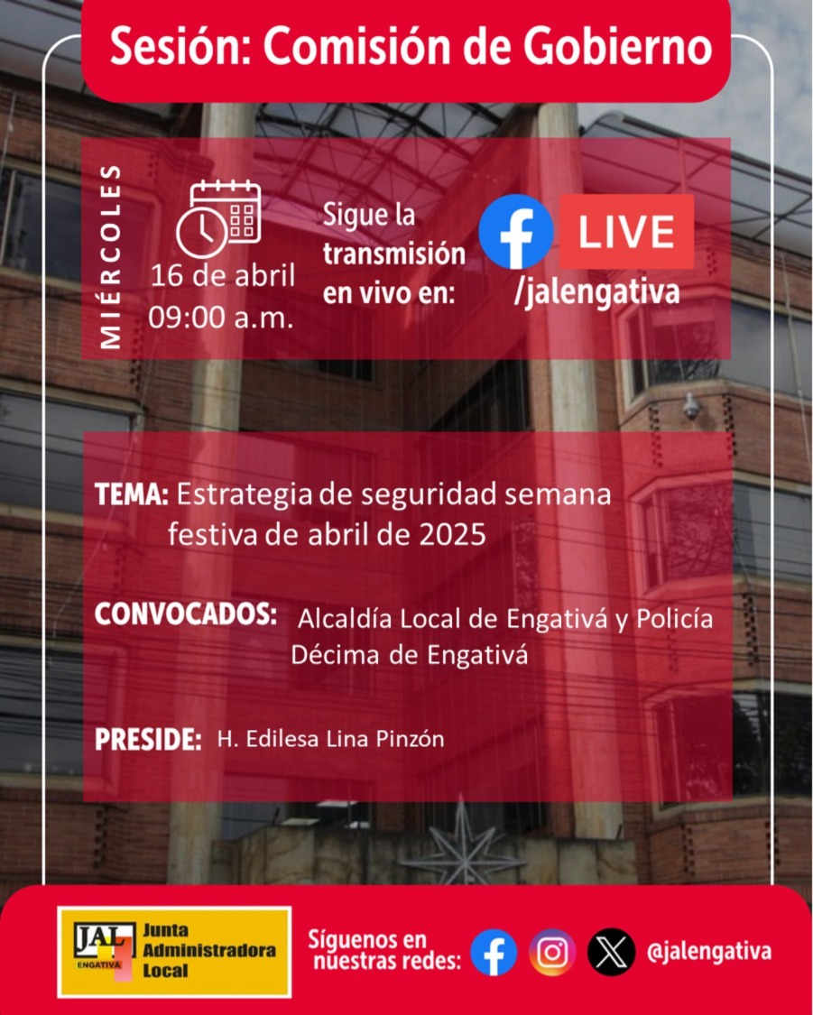 ¿Cómo se prepara Engativá para la semana festiva?
Este miércoles 16 de abril, 9:00 a.m. conéctate a la Comisión de Gobierno y conoce la estrategia de seguridad.

Transmisión en vivo: /jalengativa
Inscríbete para participar: jalengativa@gmail.com
