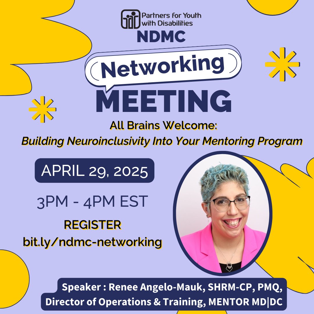 Disability Mentoring Coalition (@ndmc_pyd) on Twitter photo There's still time to register! Join us for a digital networking meeting with Renee Angelo-Mauk, Director of Operations & Training at <a href="/mentormddc/">MENTOR Maryland | DC</a> on April 29.
Register: bit.ly/ndmc-networking There's still time to register! Join us for a digital networking meeting with Renee Angelo-Mauk, Director of Operations & Training at <a href="/mentormddc/">MENTOR Maryland | DC</a> on April 29.
Register: bit.ly/ndmc-networking