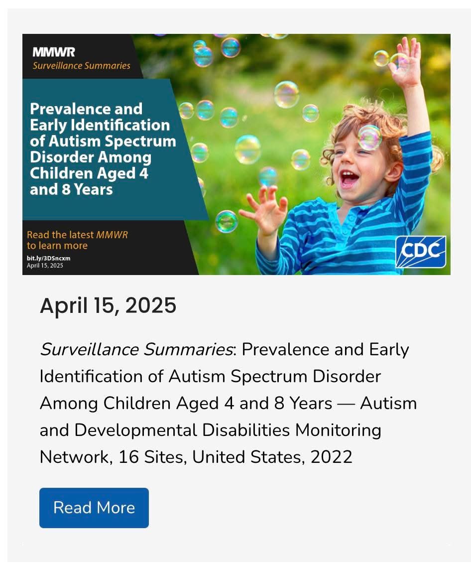 AutismFlorida's tweet image. CDC RELEASES NEW AUTISM NUMBERS
1:31 EIGHT YEAR OLDS
April 15, 2025
The finding reflects a dramatic rise in autism over the past two decades. 1 in 54 8-year-olds had been diagnosed with autism in 2016. In 2000, it was 1 in 150.
autismfl.org