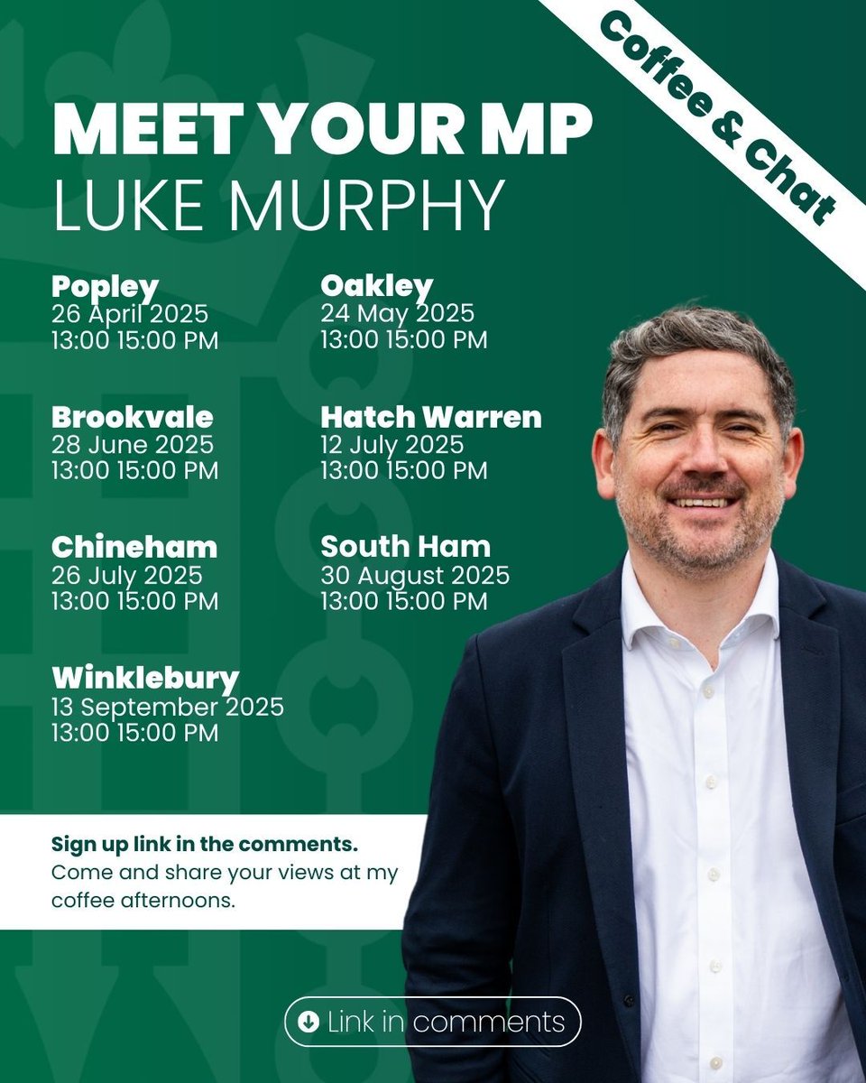 I’m hosting a new round of Coffee Afternoons, and I’d love to see you there. It’s a relaxed space to share your views, raise local issues, or just have a natter about what’s going on in our town.

📍Check out the upcoming dates and locations, and sign up here:
👉