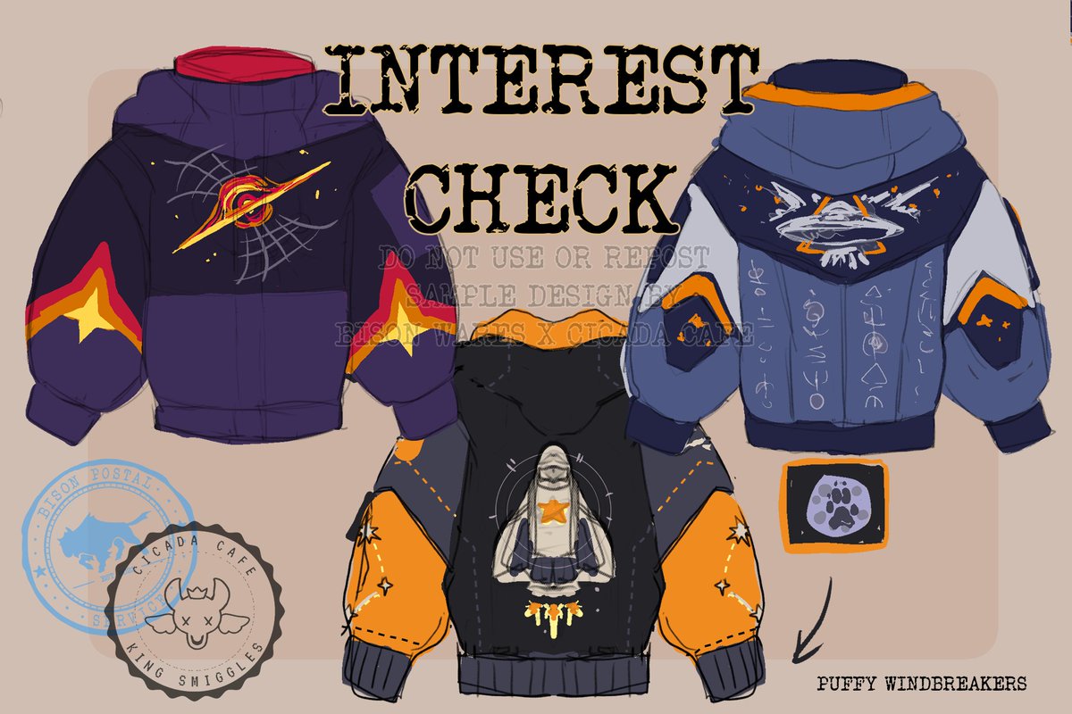 BisonWares's tweet photo. INTEREST CHECK

Smi and I have been working on a space themed mini series! Here's a first look at the puffer jackets! 

What do we think? 🌌🛸🚀

Vote your favorite &amp; join our newsletter! ⬇️ https://t.co/6QohBNv1Kj