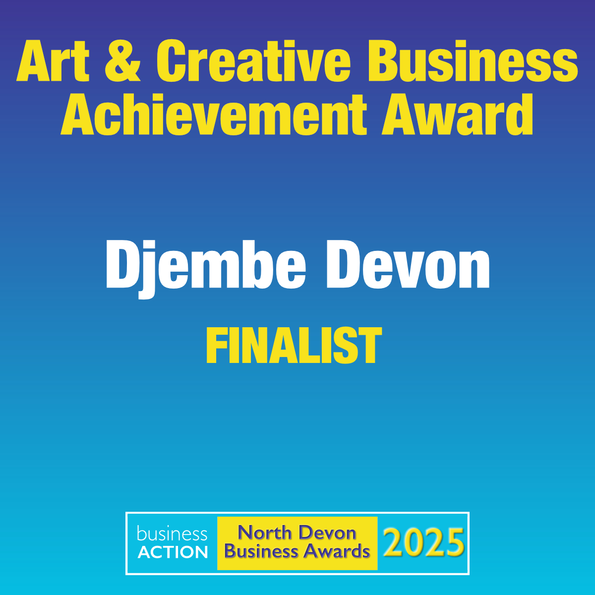 We’re delighted that @Djembe_Devon is a finalist in Art &amp; Creative Business Achievement Award 2025

Book your tickets for the Awards Celebration on Friday 6 June at businessaction.peak-online.com/list-booking/n…

Here's to a big party for all North Devon businesses!

#ndevon #northdevon #art #creative
