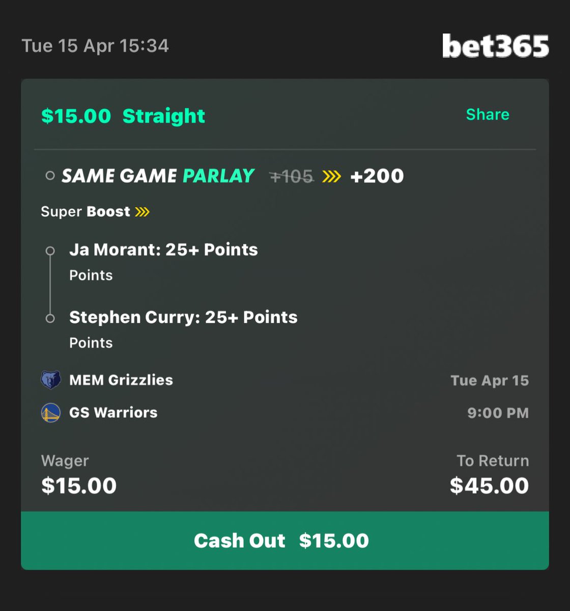 BuildRoll24's tweet image. We hit one today already, let’s hit another! #Bet365 #JA #Steph #Superboost