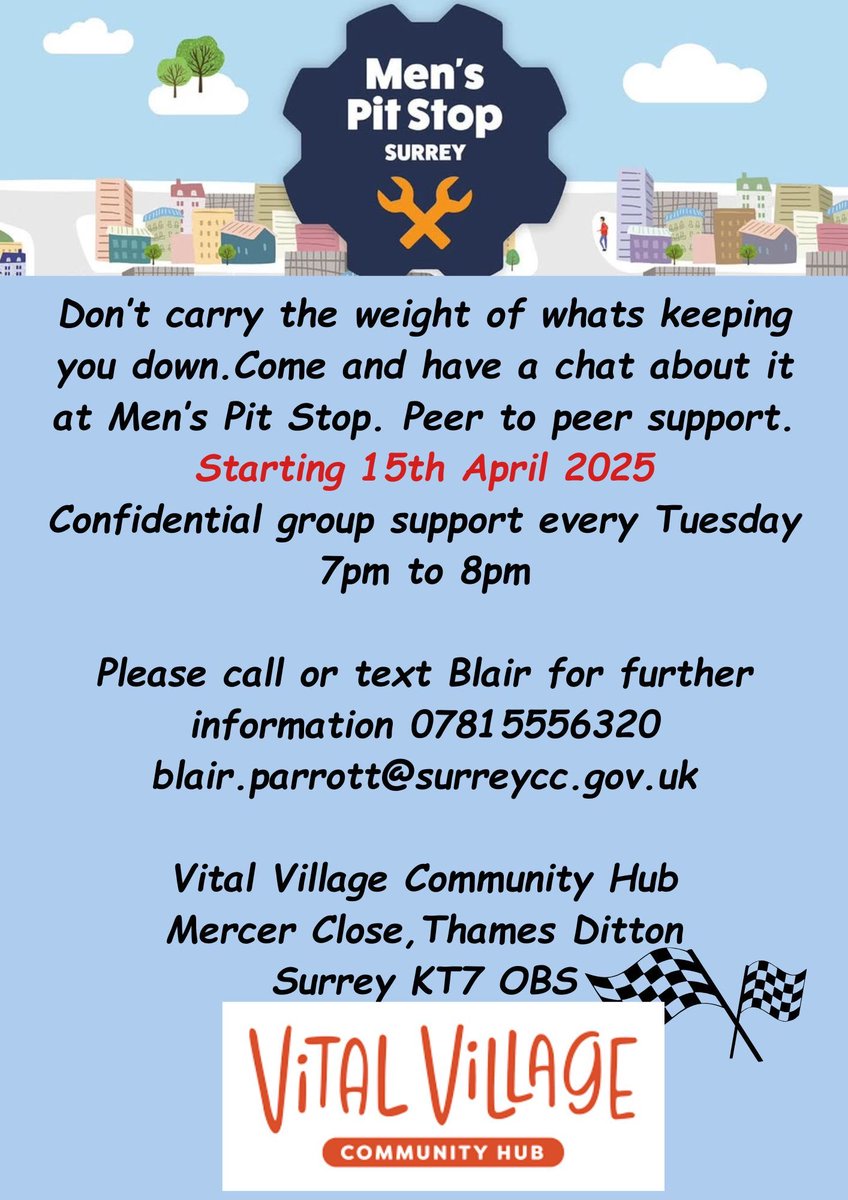 This new event has landed at Vital Village in Thames Ditton. Really important support for men only in a safe space. Every Tuesday. Please spread the word. ⁦<a href="/AboutTD/">About Thames Ditton</a>⁩ ⁦<a href="/TDResidents/">TDWG Residents</a>⁩