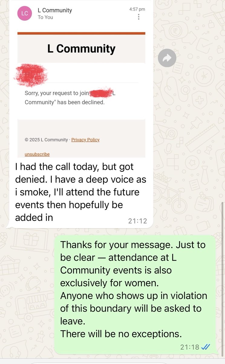 This is what boundary-testing lesbians looks like.
We said no to him accessing the app.
He replies: I’ll attend future events then.

Let’s be clear — it’s the entitlement of a man who believes access to women is something we owe him.
His message is not “sad.”
It's coercive,