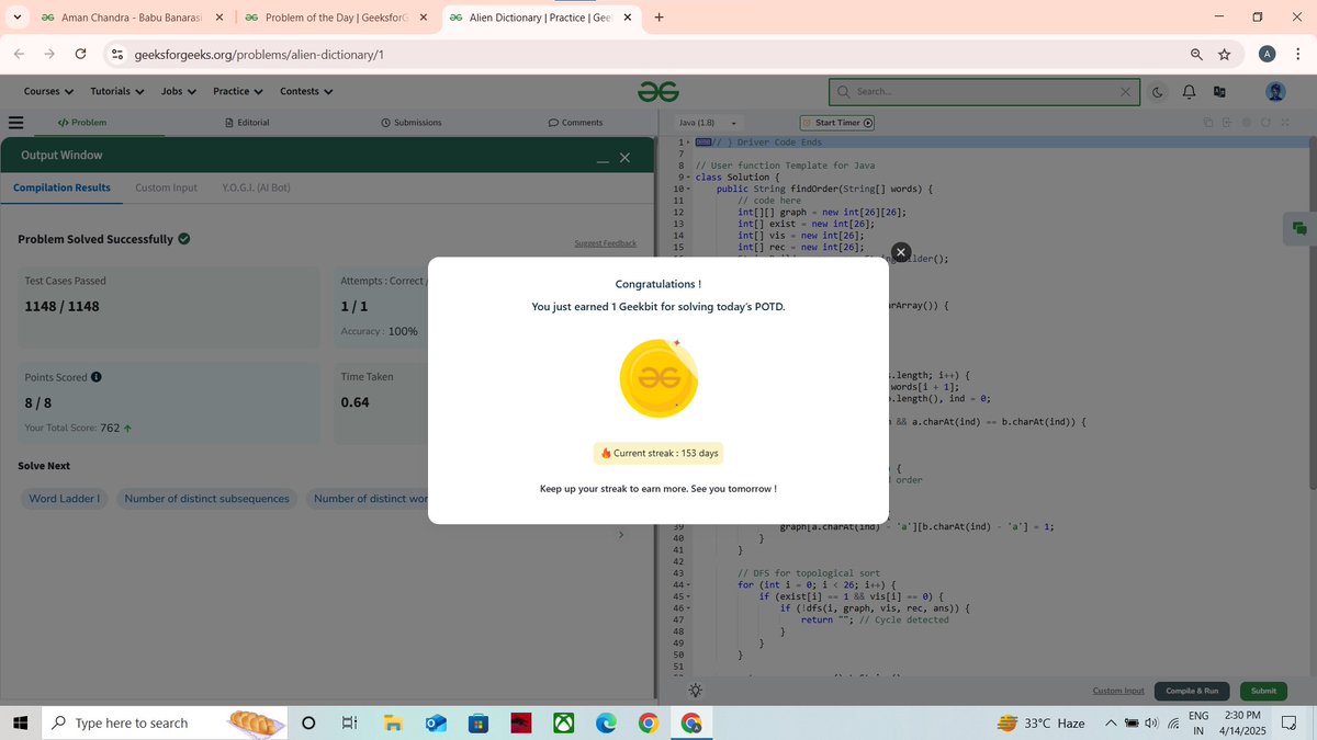 amanchandra___'s tweet photo. 🎯 @geeksforgeeks 160 Days of Problem Solving Challenge
✅ Day 147 of the #gfg160 challenge completed!

Problem of the Day : Alien Dictionary

#gfg160 #geekstreak2024 #problemsolving #codingchallenge #potd #gfg #geeksforgeeks #codingstreak #DSA https://t.co/f6XKFAtpei