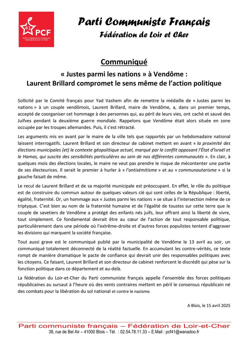 #Vendome "Justes parmi les nations" : Laurent Brillard compromet le sens même de l'action politique