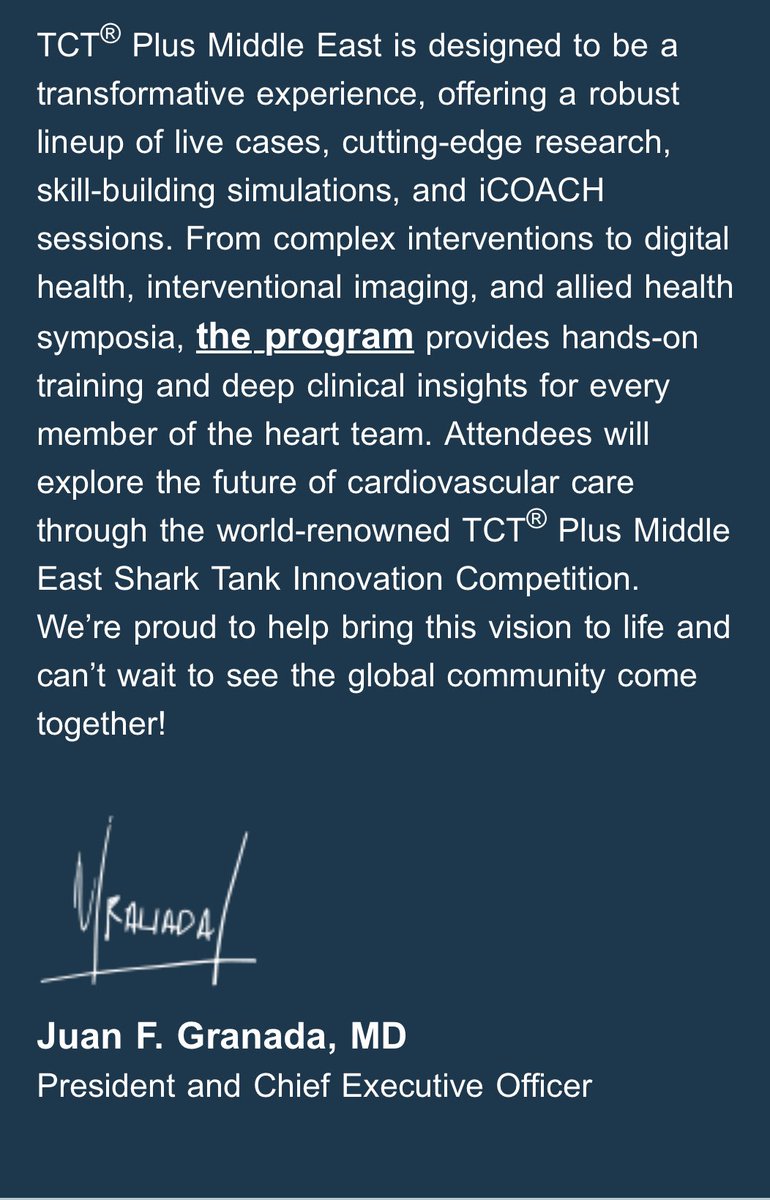 TCTME+ (@tct_me_) on Twitter photo 𝕊ᵗÃⓨเℕg 𝔠ØnηⓔCTᗴ𝓭
A message from the CEO of <a href="/crfheart/">Cardiovascular Research Foundation</a> <a href="/jgranadacrf/">Juan F. Granada</a>
👉 tctmiddleeast2025.crfconferences.com/about-tctmiddl… 𝕊ᵗÃⓨเℕg 𝔠ØnηⓔCTᗴ𝓭
A message from the CEO of <a href="/crfheart/">Cardiovascular Research Foundation</a> <a href="/jgranadacrf/">Juan F. Granada</a>
👉 tctmiddleeast2025.crfconferences.com/about-tctmiddl…