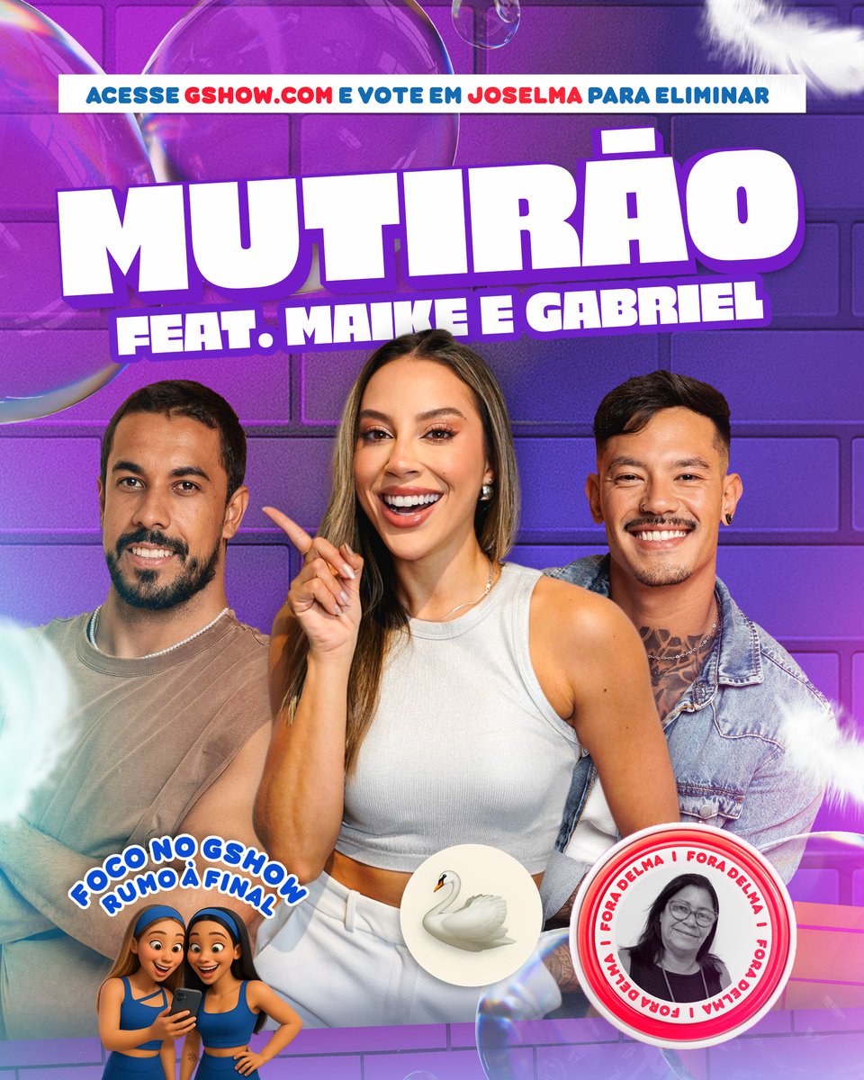 renatasaldanhap's tweet photo. 🦢MUTIRÃO FEAT. @maikealllan & @gabyoshimoto   INICIADO 🦢

✨VALENDO RECOMPENSA✨

📥A cada 10 votos, deposite um EMOJI aqui.
⏰ENCERRA ÀS 23:00H!
🚨O voto é pra SAIR, portanto votem na JOSELMA!

🎯 META: 50.000 RESPOSTAS.

📲 VOTO TORCIDA: https://t.co/Lu8CjaHdHg
📲 VOTO ÚNICO: https://t.co/BMFcIEdC5Y

#FicaRenata #BBB25