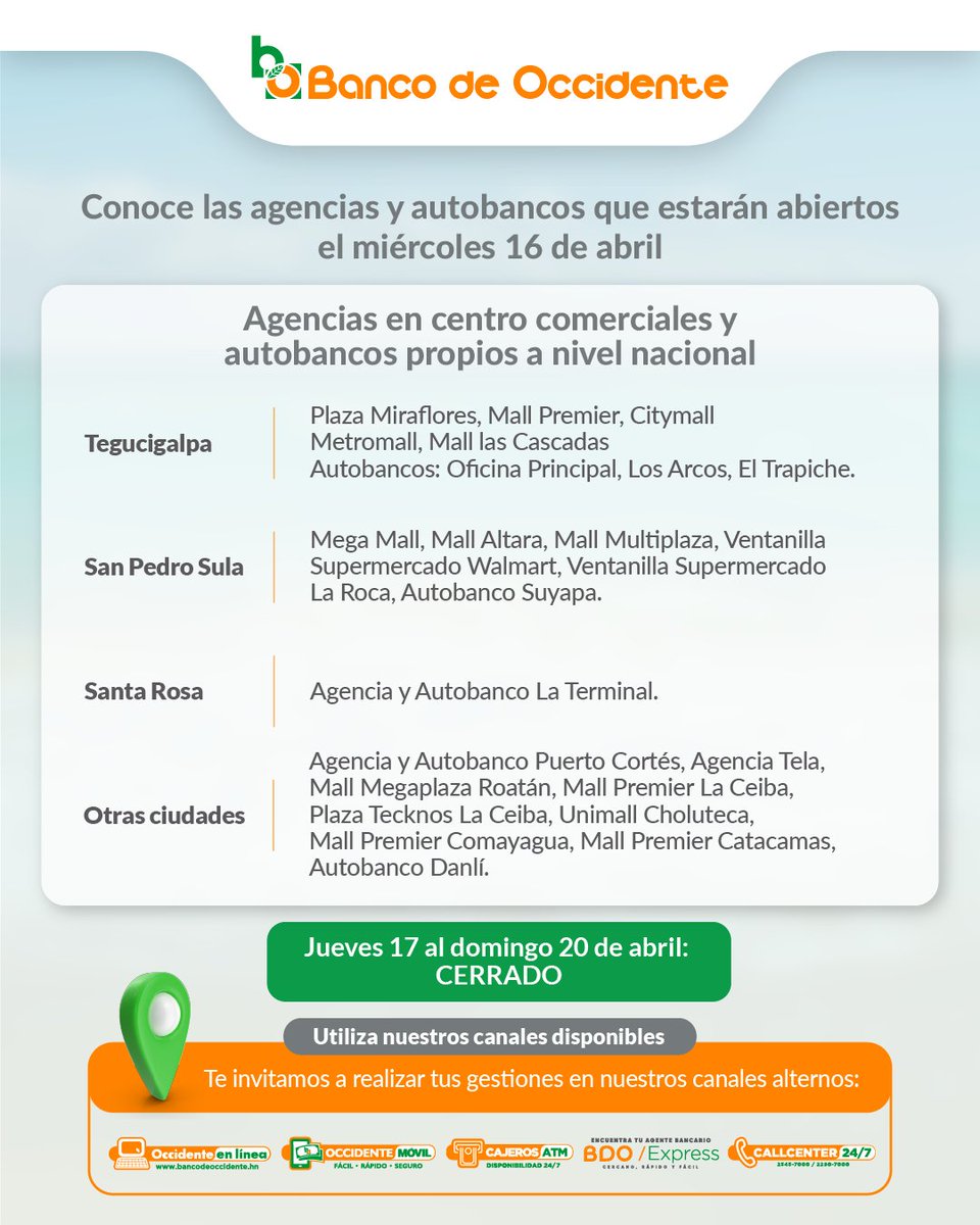 Te compartimos nuestro horario para Semana Santa.
⁠
Del jueves 17 al domingo 20 de abril nuestras agencias y autobancos a nivel nacional se encontrarán CERRADAS.⁠
⁠
Recuerda que tenemos nuestros canales digitales disponibles para tus transacciones.⁠
⁠
¡Felices vacaciones!