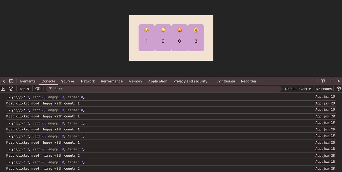 moonbansun's tweet photo. Decided to get out of my learning slump by making my first smol project 😤

✅ Created a working React app from scratch
✅ Tracked dynamic state using useState
✅ Built an interactive emoji mood tracker
✅ Calculated the most clicked mood using object iteration https://t.co/rxXeE5Q5CX