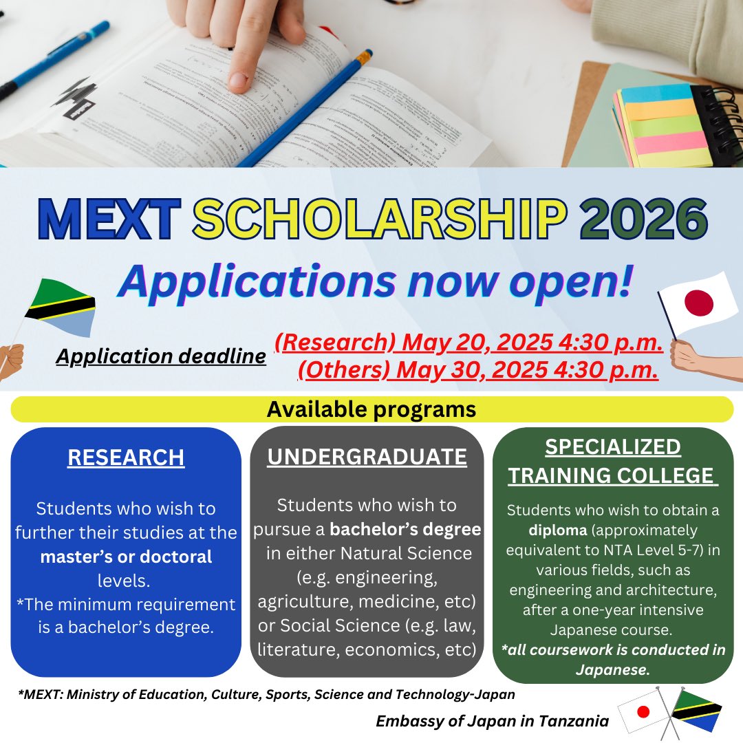 I’m thrilled to announce that applications for the Japanese government funded scholarship are now open! For more information, please visit our website🇹🇿🎓🇯🇵
tz.emb-japan.go.jp/itpr_en/MEXT20…
