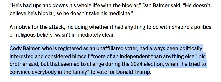 "Cody Balmer...considered himself “more of an independent than anything else,” his brother said, but that seemed to change during the 2024 election, when “he tried to convince everybody in the family” to vote for Donald Trump" apnews.com/article/pennsy…