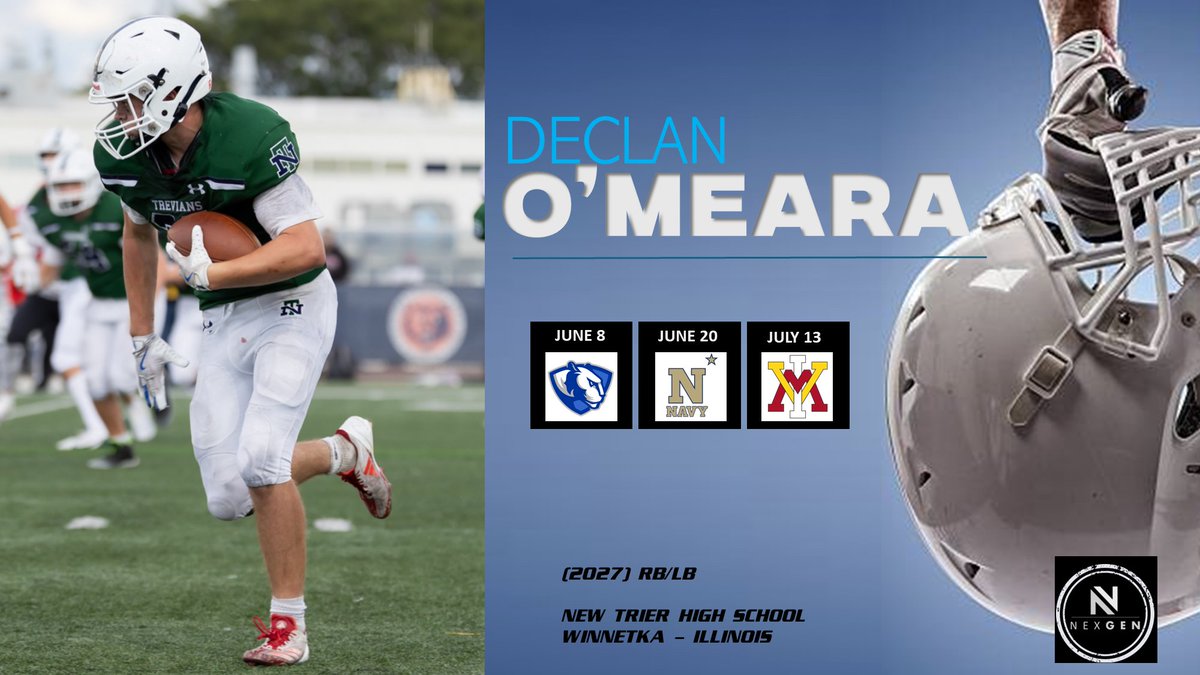 NexGen recruit camp schedule..
➡️2027 RB/LB Declan O'Meara <a href="/DOmears26383/">Declan_omeara</a> 
New Trier HS <a href="/newtrierfb/">New Trier Football</a> 
Winnetka (IL)
📍6/8 - Eastern Illinois <a href="/EIU_FB/">Eastern Illinois Football</a> 
📍6/20 - US Naval Academy <a href="/NavyFB/">Navy Football</a> 
📍7/13 - VMI <a href="/VMI_Football/">VMI Football</a>