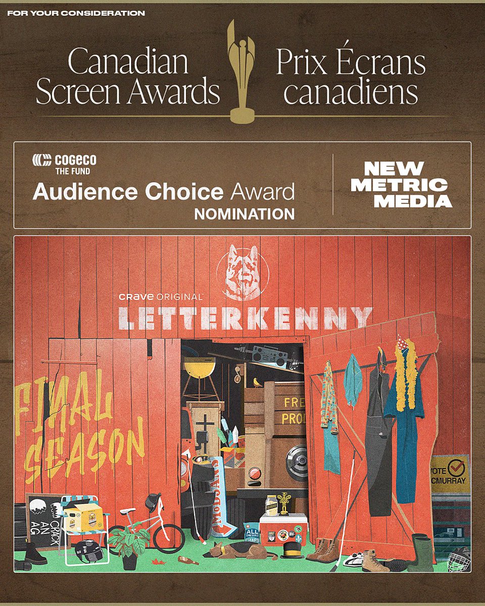 New Metric Media (@newmetricmedia) on Twitter photo You can vote for the final season of <a href="/LetterkennyProb/">Letterkenny Problems</a> for the Cogeco Fund Audience Choice Award until April 21st at audiencechoice.ca if you want to.
The winner will be announced at the Canadian Screen Awards on June 1st.
Thanks to <a href="/TheCdnAcademy/">The Canadian Academy</a> and good luck to all! You can vote for the final season of <a href="/LetterkennyProb/">Letterkenny Problems</a> for the Cogeco Fund Audience Choice Award until April 21st at audiencechoice.ca if you want to.
The winner will be announced at the Canadian Screen Awards on June 1st.
Thanks to <a href="/TheCdnAcademy/">The Canadian Academy</a> and good luck to all!