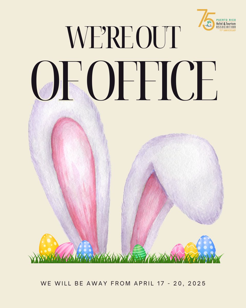 🌸 Easter Break Notice 🌸

In observance of the Easter holiday, the PRHTA will be out of office from Thursday, April 17 and will return on Monday, April 21 during regular business hours.

#PRHTA #EasterBreak #HolidayNotice #PuertoRicoTourism #HospitalityPR