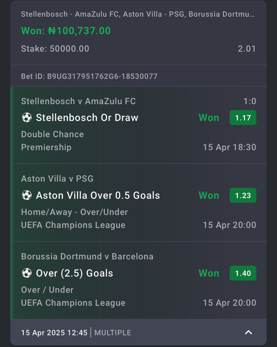 GREEN FLAMES ✅🎉✅🎉✅🎉✅🎉✅🎉✅🎉✅🎉✅🎉✅🎉✅🎉

2 odds GG acca and 2 odds Overs acca won on Bet9ja 🎊🎊🎊

202k and 100k lands in Green Valley 💰💰💰💰

Congrats to all who played ✅✅✅✅

Share your winning tickets