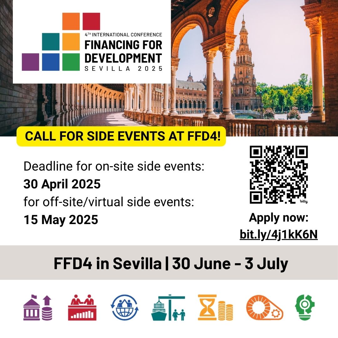 💡 Applications for side events during #FFD4 in Sevilla, Spain are open!

🗓️  Deadline for on-site side events: 30 April 2025

🗓️ Deadline for off-site/virtual side events: 15 May 2025.

Apply now: bit.ly/4j1kK6N
