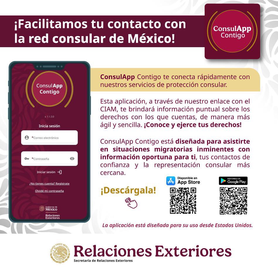 ConsulMexCal's tweet photo. #ConsulApp Contigo está diseñada para apoyar a las y los 🇲🇽 en 🇺🇸.
Con esta herramienta podrás conectarte rápidamente con el consulado más cercano y acceder a recursos en cuanto los necesites.🤝
¡Prepárate para cualquier situación!
#TuConsuladoCercaDeTi
#ProtecciónConsular https://t.co/N9VWv5eB6x