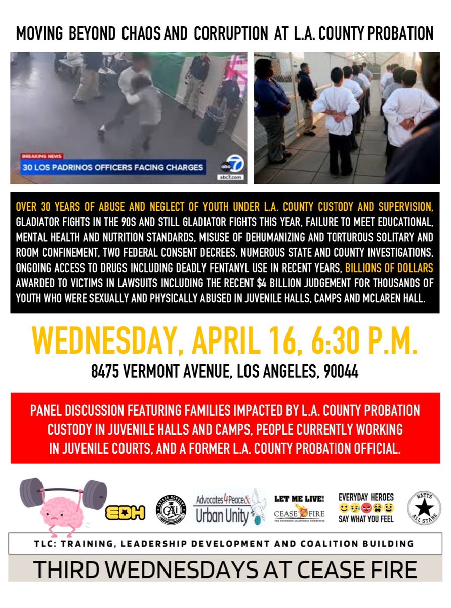 Tomorrow - Wednesday, April 16 at 6:30 p.m. - 8475 S. Vermont, Los Angeles, 90044 join @scceasefire <a href="/a/">Ani</a>.p.u.u. and @everydayheroes_la in a discussion on L.A.’s struggle to protect, support and uplift the youth in Probation custody.✊🏾✊🏿❤️