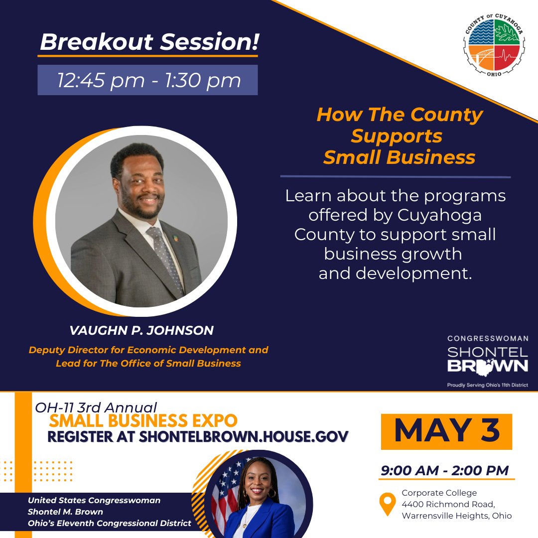 Cuyahoga County (@cuyahogacounty) on Twitter photo Are you an aspiring entrepreneur or small business owner looking to start or grow your business? Our Office of Small Business wants to help! Join us at <a href="/RepShontelBrown/">Rep. Shontel Brown</a>'s 3rd Annual OH-11 Small Business Expo on May 3rd. More here ➡️ bit.ly/3RP1LjR #SmallBusiness Are you an aspiring entrepreneur or small business owner looking to start or grow your business? Our Office of Small Business wants to help! Join us at <a href="/RepShontelBrown/">Rep. Shontel Brown</a>'s 3rd Annual OH-11 Small Business Expo on May 3rd. More here ➡️ bit.ly/3RP1LjR #SmallBusiness