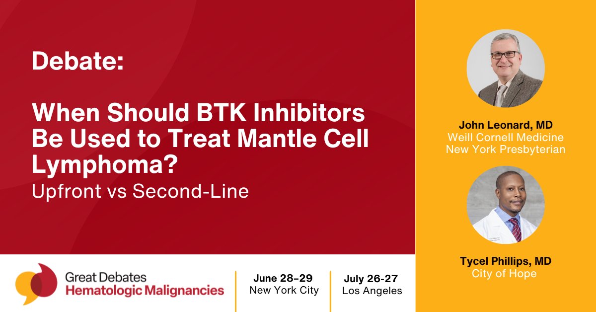 Great Debates (@greatdebatescme) on Twitter photo 🩸 Key Debate at Great Debates in Hematologic Malignancies
When should BTK inhibitors be used to treat mantle cell lymphoma?
Should they be introduced upfront—or reserved for second-line treatment?
Join Tycel Phillips, MD (<a href="/LymphClinician/">Tycel Phillips</a>) and John Leonard, MD (<a href="/JohnPLeonardMD/">John P. Leonard, MD</a>) 🩸 Key Debate at Great Debates in Hematologic Malignancies
When should BTK inhibitors be used to treat mantle cell lymphoma?
Should they be introduced upfront—or reserved for second-line treatment?
Join Tycel Phillips, MD (<a href="/LymphClinician/">Tycel Phillips</a>) and John Leonard, MD (<a href="/JohnPLeonardMD/">John P. Leonard, MD</a>)