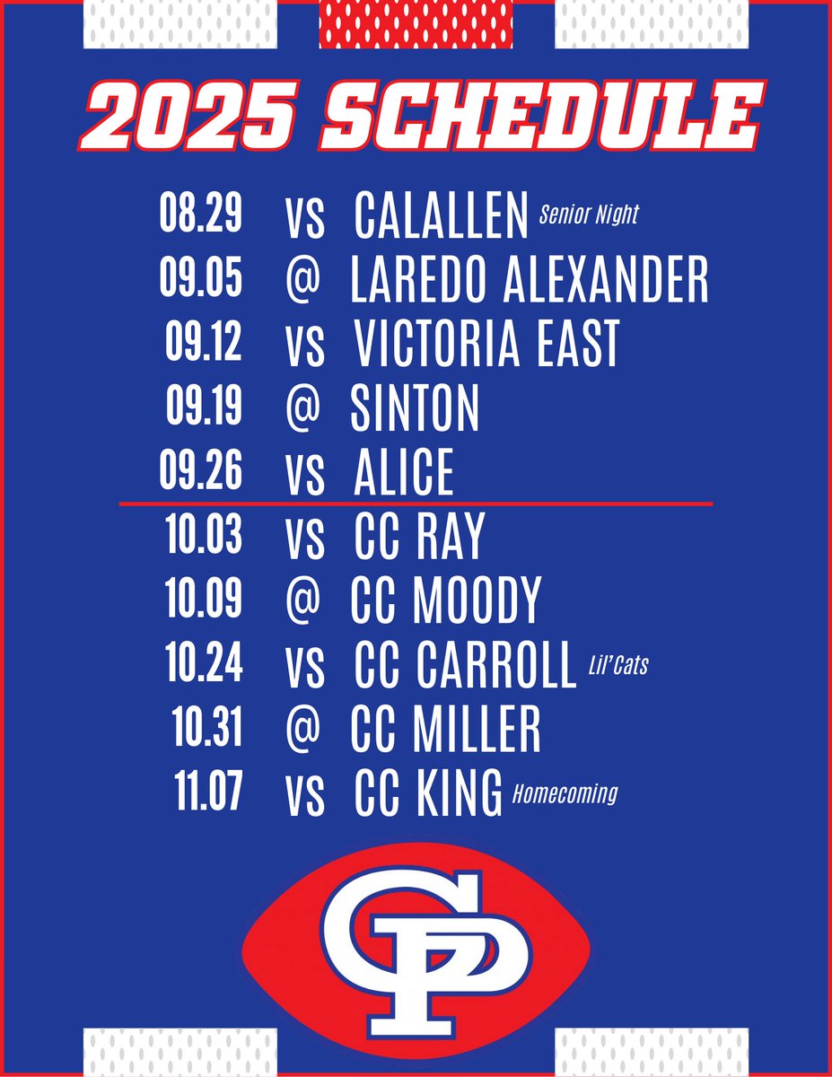 Gregory-Portland Fighting Wildcat Football (@gpwildcatsfb) on Twitter photo 2025 <a href="/GPWildcatsFB/">Gregory-Portland Fighting Wildcat Football</a> Schedule
⌚ 7:00 PM kickoff for all games except Alexander and Sinton (7:30)
#EAT #CAC 🔴⚪🔵
<a href="/GPAthletics1/">G-P Wildcat Athletics</a> <a href="/GPHSwildcats1/">Gregory-Portland High School</a> 2025 <a href="/GPWildcatsFB/">Gregory-Portland Fighting Wildcat Football</a> Schedule
⌚ 7:00 PM kickoff for all games except Alexander and Sinton (7:30)
#EAT #CAC 🔴⚪🔵
<a href="/GPAthletics1/">G-P Wildcat Athletics</a> <a href="/GPHSwildcats1/">Gregory-Portland High School</a>