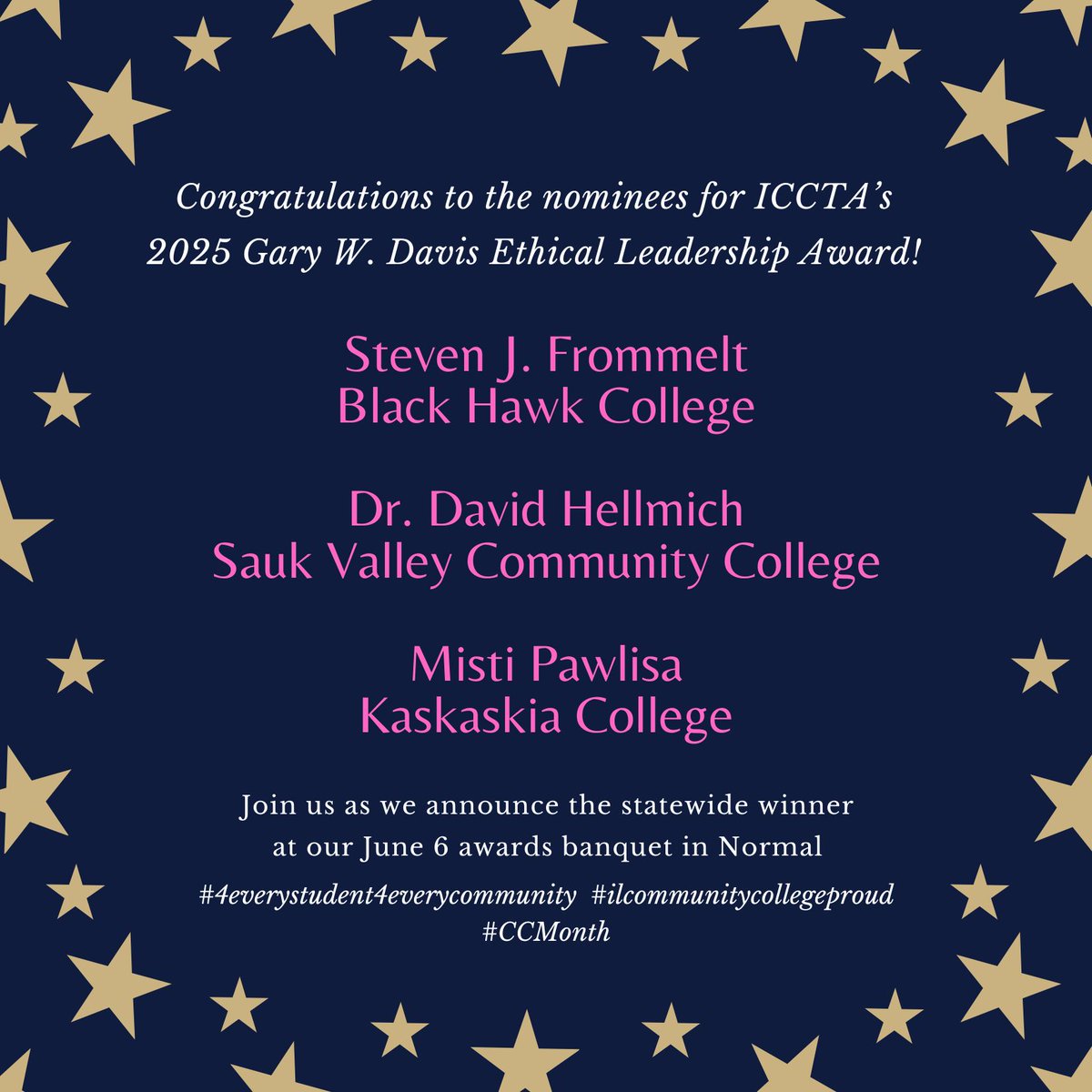 Kudos to the nominees for ICCTA’s 2025 Gary W. Davis Ethical Leadership Award for contributing to the pursuit &amp; support of ethical leadership &amp; decision-making in their fields of work and volunteer service. #CCMonth #4EveryStudent4EveryCommunity #ilcommunitycollegeproud