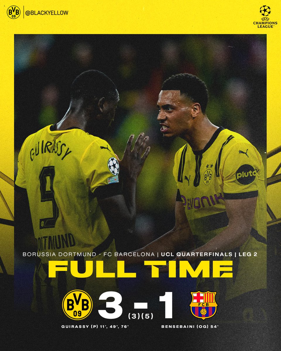 Our Champions League journey ends here—but what a battle, what a performance. Heads held high. 💛🖤