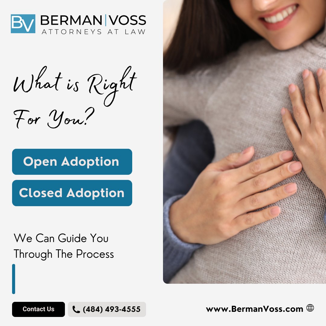 BV_Wyomissing's tweet image. Open vs. Closed Adoption: What’s Right for You?

Open adoption means ongoing contact, while closed adoption offers privacy and closure. Berman Voss guides you through every step to ensure the best outcome for all. 🤝✨

Learn more ➡️ bit.ly/3QLpxN6.
#AdoptionLaw #PALaw