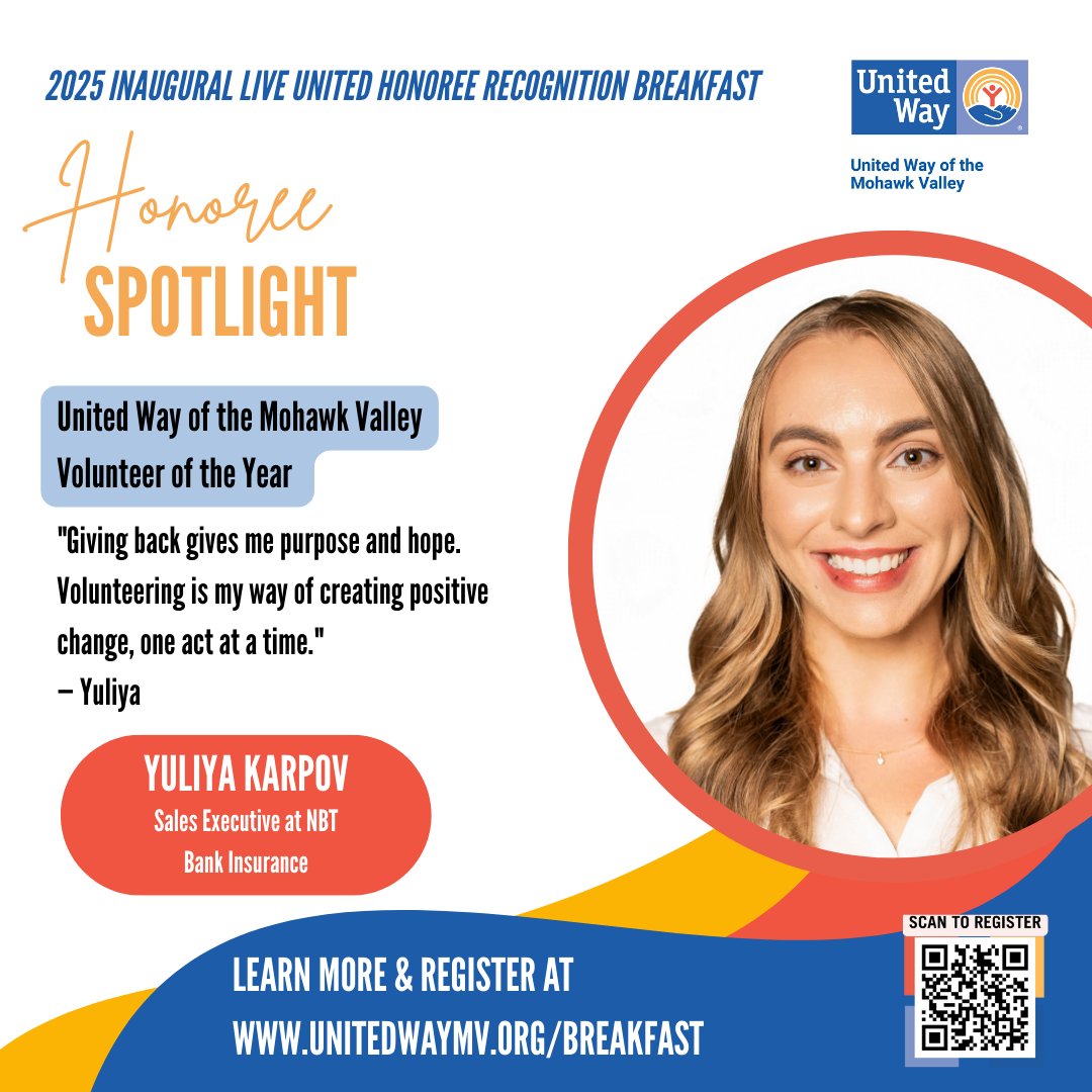 UnitedWayMV's tweet photo. Meet Yuliya Karpov of NBT Bank Insurance, our Volunteer of the Year and one of eight honorees at this year’s Honoree Breakfast.

May 6th 2025 8:30–10 AM
Five Points Public House
623 Columbia St, Utica, NY 13502
Register: https://t.co/Zu5PpqYA5H

#HonoreeSpotlight #UnitedWayMV https://t.co/oBXufZHeEL