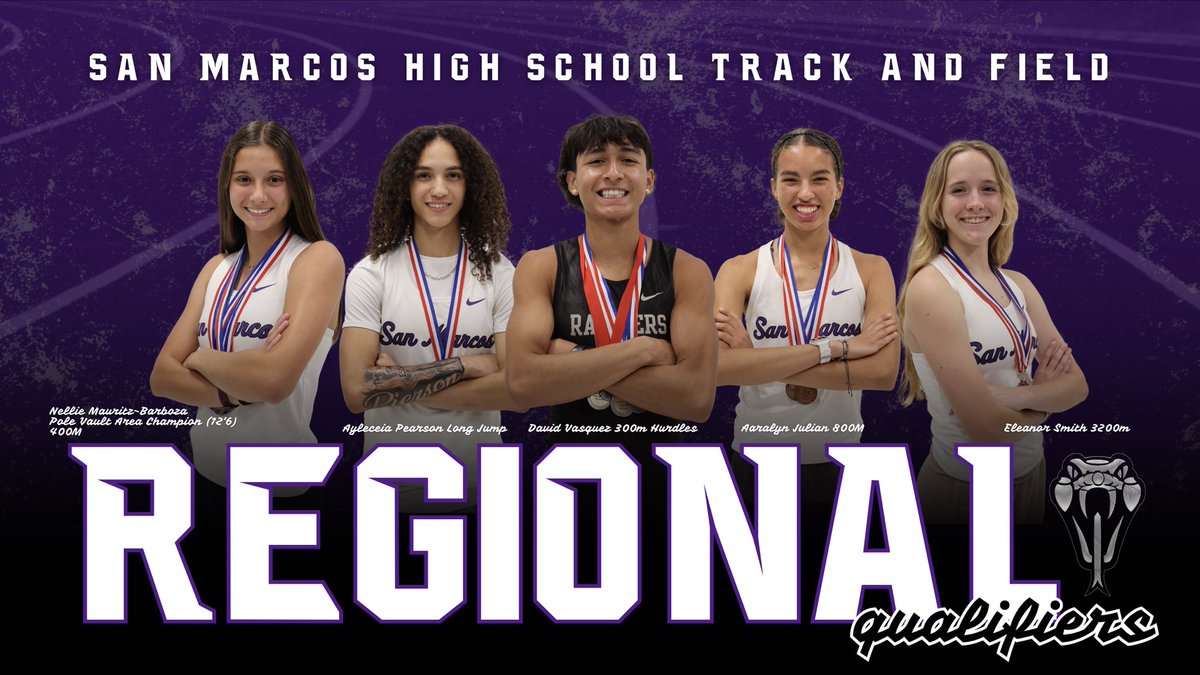 Congrats to our #SMCISD Regional qualifiers &amp; best of luck this Friday, April 18!

Regional Qualifiers:
Nellie Mauritz-Barboza Pole Vault Area Champ (12'6) &amp; 400M
Ayleceia Pearson Long Jump
David Vasquez 300M Hurdles
Aaralyn Julian 800M
Eleanor Smith 3200M

#RattlerUp