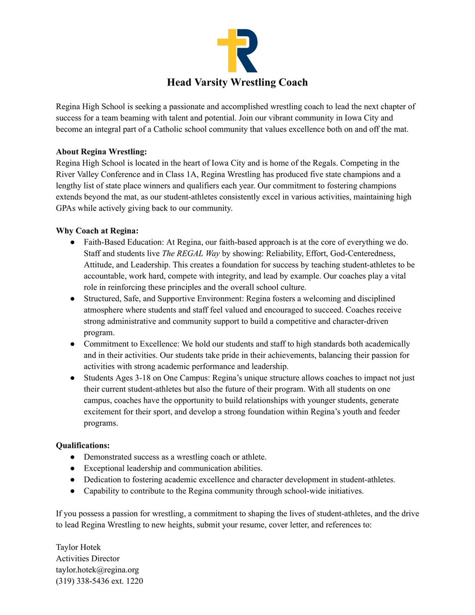 We have extended the deadline to apply for Head Boys Wrestling Coach to May 1st. 👑🤼‍♂️ Email taylor.hotek@regina.org or visit regina.org/careers to apply. 
<a href="/IAwrestle/">IAwrestle</a> <a href="/IWCOA_/">IWCOA</a> <a href="/ReginaWrestling/">Regina Wrestling</a>