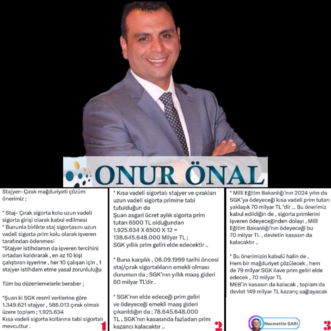 Sayın Yetkililer,
<a href="/RTErdogan/">Recep Tayyip Erdoğan</a>
<a href="/_cevdetyilmaz/">Cevdet Yılmaz</a>
<a href="/isikhanvedat/">Prof. Dr. Vedat Işıkhan</a>
<a href="/Yusuf__Tekin/">Yusuf Tekin</a>
<a href="/mfatihkacir/">Mehmet Fatih KACIR</a>
<a href="/memetsimsek/">Mehmet Simsek</a>
<a href="/csgbakanligi/">T.C. Çalışma ve Sosyal Güvenlik Bakanlığı</a>
<a href="/tcmeb/">Millî Eğitim Bakanlığı</a>
<a href="/TCSanayi/">Sanayi ve Teknoloji Bakanlığı</a>
<a href="/ticaret/">T.C. Ticaret Bakanlığı</a>
<a href="/HMBakanligi/">T.C. Hazine ve Maliye Bakanlığı</a>
<a href="/cbsbb/">T.C. Cumhurbaşkanlığı Strateji ve Bütçe Başkanlığı</a>
<a href="/tcbestepe/">T.C. Cumhurbaşkanlığı</a>
<a href="/Akparti/">AK Parti</a>
<a href="/MHP_Bilgi/">MHP</a>

Geleceğimizin teminatı olan gençlerimizin Mesleki Eğitim süreçlerinde Stajyer ve Çırak