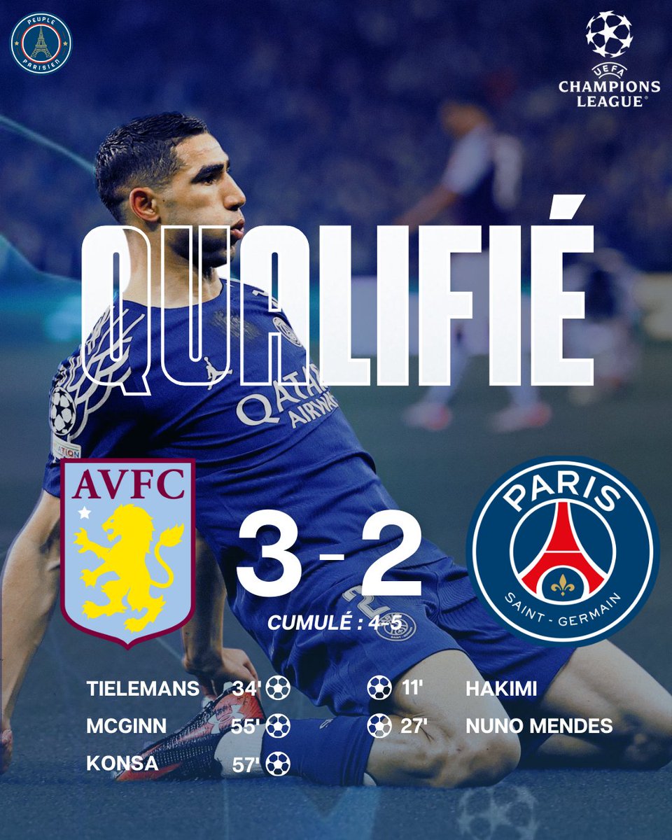𝗣𝗮𝗿𝗶𝘀 𝗮 𝘀𝗼𝘂𝗳𝗳𝗲𝗿𝘁, 𝗺𝗮𝗶𝘀 𝗣𝗮𝗿𝗶𝘀 𝗲𝘀𝘁 𝗲𝗻 𝗱𝗲𝗺𝗶 !! ❤️💙 

Malgré une défaite ce soir à Villa Park, nos parisiens se qualifient (difficilement) en demi-finale de la Ligue des Champions ! 🔥🏆

Qui retrouveront-ils en demi-finales selon vous ? 👀

#PSG
