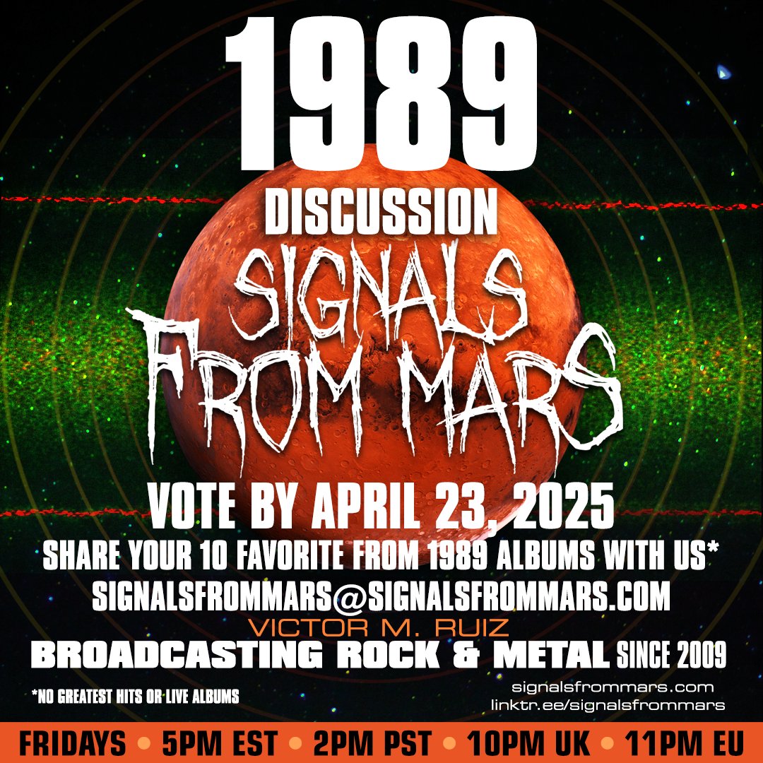vmr907's tweet image. VOTE: Best Hard Rock &amp;amp; Metal Albums of 1989!
 Signals From Mars is doing a fan-voted show airing April 25.
📩 Send your ranked top 10 (no live/greatest hits) via DM or email by April 23.
#SignalsFromMars #Metal1989 #HardRock #HeavyMetal #MetalVote
