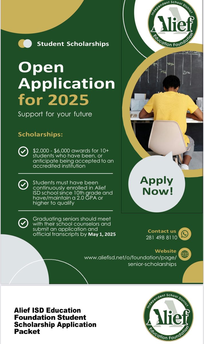 Attention Alief senior students: Grab your chance to snag a scholarship! Don't dawdle—apply now. Check out the flyer below for all the details. #Scholarships