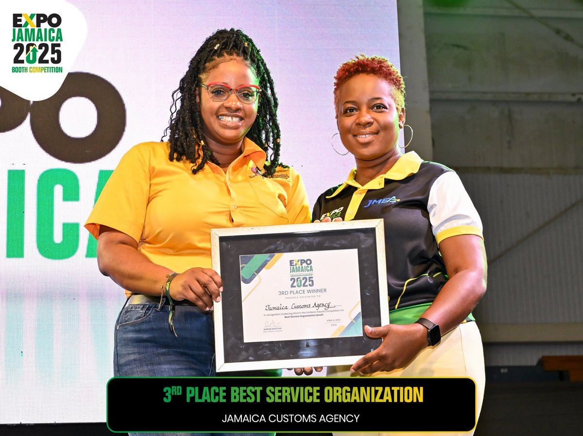 @expojamaica (@expojamaica) on Twitter photo <a href="/BoXpertja/">BoXPert Limited</a> <a href="/GutzmoreC/">Gutzmore Concepts</a> <a href="/theJMEA_/">Jamaica Manufacturers and Exporters Association</a> <a href="/inspiredbyjaden/">Inspiredbyjaden</a> World-class service on display! These booths showed us what exceptional customer engagement looks like. Congratulations to the winners of the Best Service Organization Booth at Expo Jamaica!
🥇 Winner: <a href="/RecyclingJA/">RecyclingPartnersJa</a>
🥈 2nd Place: Smart Track Jamaica
🥉 3rd Place: <a href="/jamaicacustoms/">Jamaica Customs Agency</a> <a href="/BoXpertja/">BoXPert Limited</a> <a href="/GutzmoreC/">Gutzmore Concepts</a> <a href="/theJMEA_/">Jamaica Manufacturers and Exporters Association</a> <a href="/inspiredbyjaden/">Inspiredbyjaden</a> World-class service on display! These booths showed us what exceptional customer engagement looks like. Congratulations to the winners of the Best Service Organization Booth at Expo Jamaica!
🥇 Winner: <a href="/RecyclingJA/">RecyclingPartnersJa</a>
🥈 2nd Place: Smart Track Jamaica
🥉 3rd Place: <a href="/jamaicacustoms/">Jamaica Customs Agency</a>