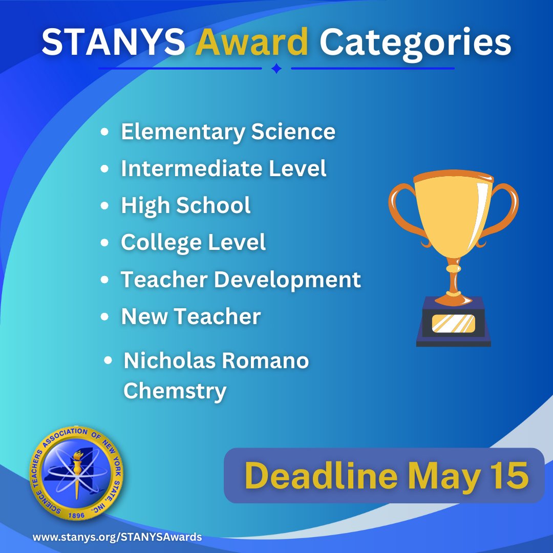 Think of the most inspiring science educator you know.
Now nominate them.

✅ Colleague
✅ Mentor
✅ Yourself

STANYS Award nominations are open!
Deadline: May 15
🔗 stanys.org/STANYSAwards

#ScienceMatters #STANYS25