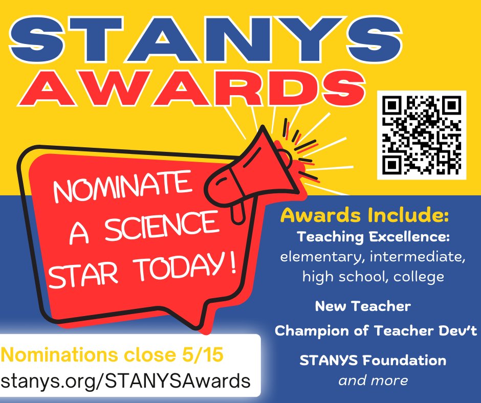 🕒 TIME’S TICKING!

STANYS Award nominations are due May 15—don’t miss your chance to recognize excellence in science education.

Nominate someone amazing today:
🔗 stanys.org/STANYSAwards

#STEMleaders #ScienceRecognition #STANYS25