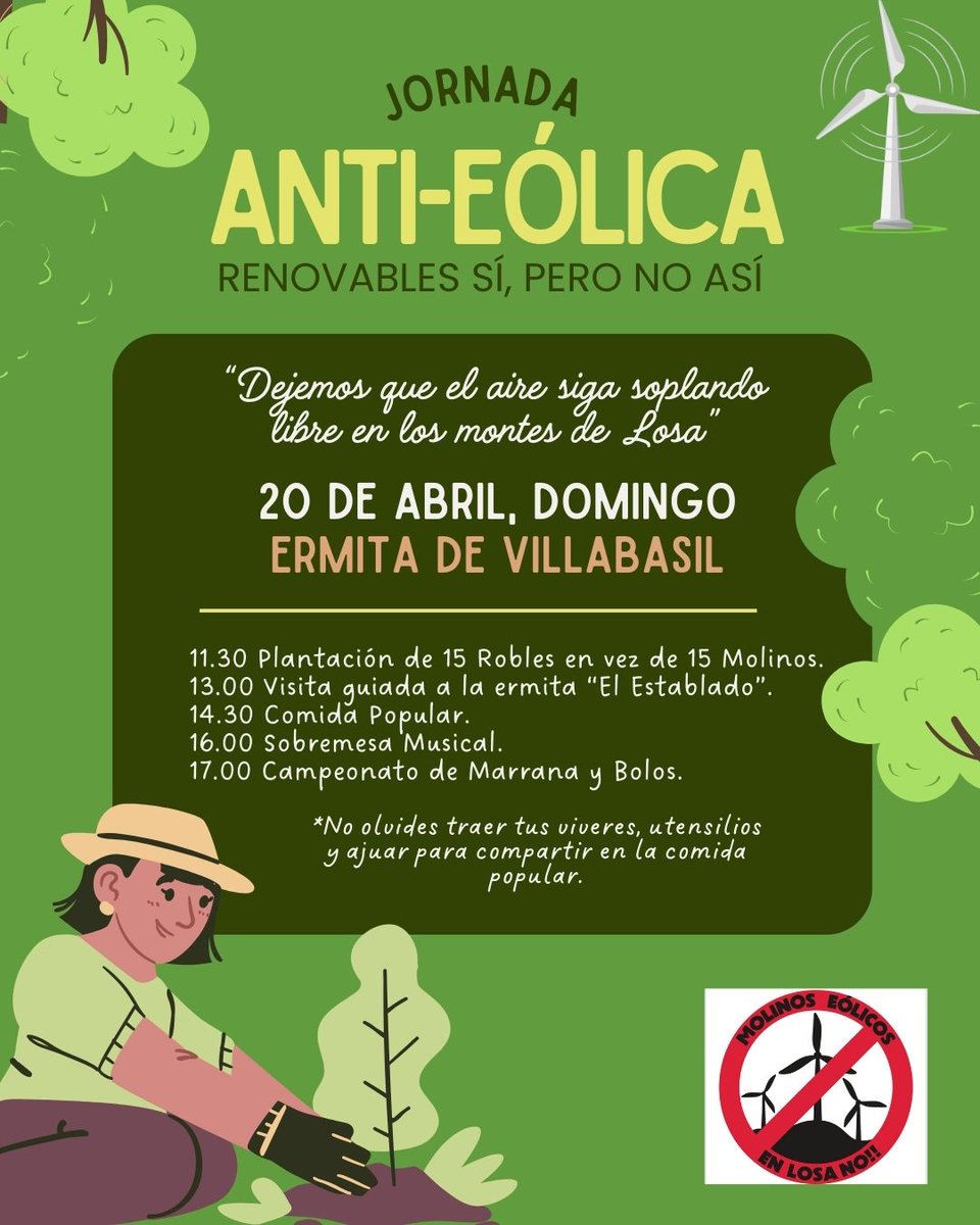 Jornada Anti-Eólica
20 de abril - domingo 
Ermita de Villabasil - Valle de Losa
Merindades - Burgos
Anímate y planta cara y árboles por los montes.

Renovables si, pero NO ASÍ!!