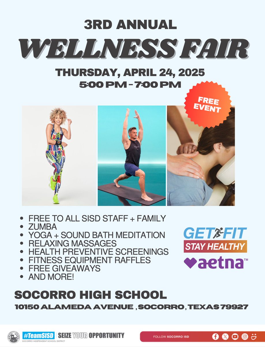 IN JUST 9 DAYS!📢 Attention SISD Employees! 

Join us for a FREE Health Fair to prioritize your wellness! 🌿 Enjoy yoga and Zumba classes, browse vendor booths, and discover more ways to boost your health. Let's make self-care fun and accessible!🧘‍♀️✨ 💪 #AllInForHealth #TeamSISD