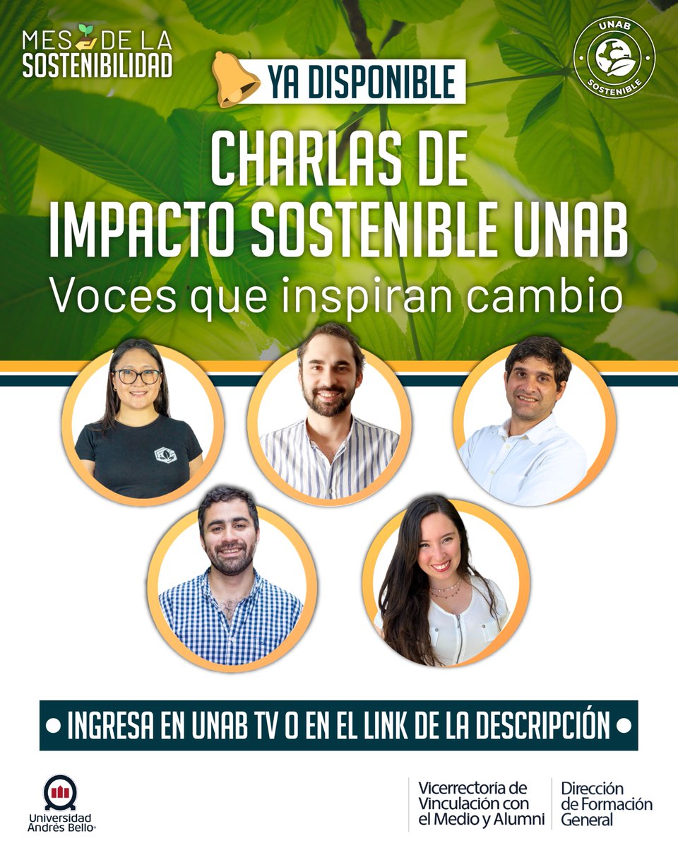 Sostenibilidad UNAB (@soste_unab) on Twitter photo 🌱 Impacto Sostenible: Voces que inspiran cambio 
En el marco del Mes de la Sostenibilidad UNAB, te invitamos a descubrir esta serie de charlas que inspiran acción.
📲 Revisa las charlas completas aquí bit.ly/4j474YK 🌱 Impacto Sostenible: Voces que inspiran cambio 
En el marco del Mes de la Sostenibilidad UNAB, te invitamos a descubrir esta serie de charlas que inspiran acción.
📲 Revisa las charlas completas aquí bit.ly/4j474YK