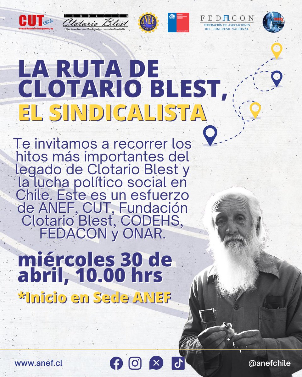 anefchile's tweet image. El próx miércoles 30 de abril, no te pierdas de "La ruta de Clotario Blest, El Sindicalista". A las 10 a.m. nos juntaremos en la Sede #ANEF (Alameda 1603, Santiago) para comenzar el recorrido. ¡Te esperamos!
@Cutchile
@Fenaconfed
@ONAR_Chile
#FundaciónClotarioBlest #CODEHS
