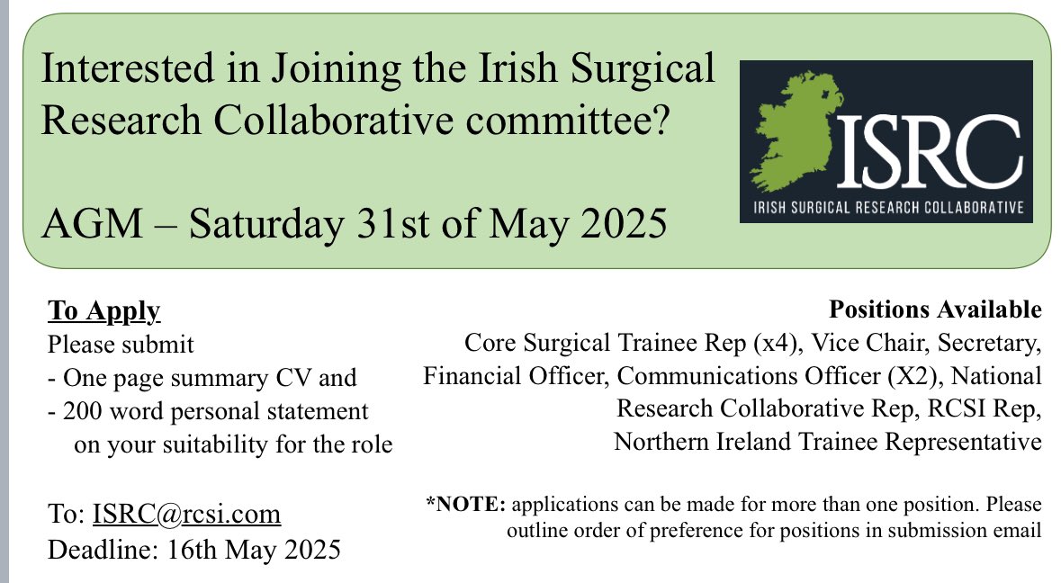 Irish Surgical Research Collaborative (@isrctweets) on Twitter photo Elections time! The ISRC is looking for new members for the 2025 committee! Apply now and become a part of our research collaborative group. <a href="/RCSI_Irl/">RCSI</a> <a href="/SurgeryUhw/">UHW Surgery</a> <a href="/GalwaySurgery/">University of Galway Surgery ๐ฌ๐งฌ</a> <a href="/Beaumont_Dublin/">Beaumont Hospital</a> <a href="/Matersurgery/">MaterSurgery</a> <a href="/betterbeaumont/">Debbie McNamara</a> <a href="/UL/">University Of Limerick</a> <a href="/CancerInstIRE/">Trinity St James's Cancer Institute</a> <a href="/svuh/">St Vincent's University Hospital (SVUH)</a> Elections time! The ISRC is looking for new members for the 2025 committee! Apply now and become a part of our research collaborative group. <a href="/RCSI_Irl/">RCSI</a> <a href="/SurgeryUhw/">UHW Surgery</a> <a href="/GalwaySurgery/">University of Galway Surgery ๐ฌ๐งฌ</a> <a href="/Beaumont_Dublin/">Beaumont Hospital</a> <a href="/Matersurgery/">MaterSurgery</a> <a href="/betterbeaumont/">Debbie McNamara</a> <a href="/UL/">University Of Limerick</a> <a href="/CancerInstIRE/">Trinity St James's Cancer Institute</a> <a href="/svuh/">St Vincent's University Hospital (SVUH)</a>