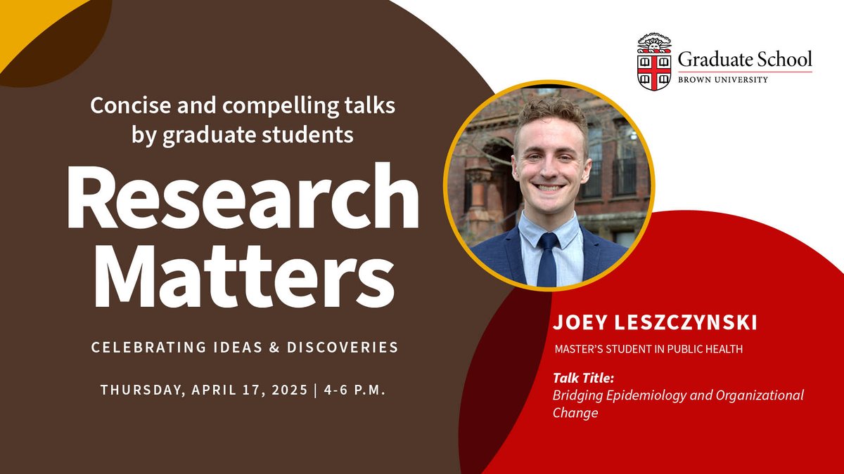Brown Grad School (@browngradschool) on Twitter photo Introducing the 2025 Research Matters Speakers!
Joey Leszczynski, Masterās Student in Public Health
Presents: Bridging Epidemiology and Organizational Change
Join us on Thursday, April 17 at 4 pm, Grant Recital Hall.
Learn more: graduateschool.brown.edu/research-matteā¦
<a href="/Brown_SPH/">Brown University School of Public Health</a> Introducing the 2025 Research Matters Speakers!
Joey Leszczynski, Masterās Student in Public Health
Presents: Bridging Epidemiology and Organizational Change
Join us on Thursday, April 17 at 4 pm, Grant Recital Hall.
Learn more: graduateschool.brown.edu/research-matteā¦
<a href="/Brown_SPH/">Brown University School of Public Health</a>